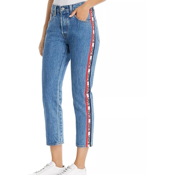 Levi's 501 Logo-Stripe Crop Straight Jeans - Picture 3 of 5